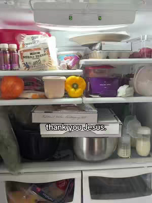 The cover image shows the inside of a refrigerator. Various food items are visible on different shelves, including dairy products, vegetables, and other pre-packaged goods. "thank you Jesus." appears in white text at the bottom of the frame.