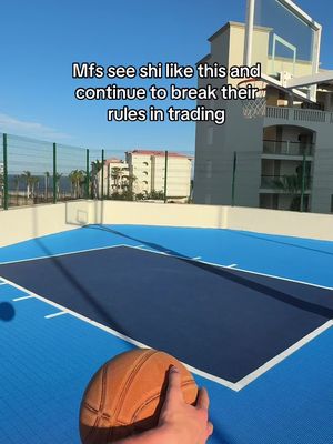 An outdoor basketball court with a blue surface, white lines marking the court boundaries, and a basketball in the foreground. A hand is holding the basketball, with buildings and a clear blue sky in the background.