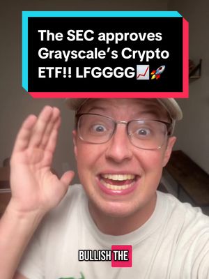 A man with glasses and a cap is at the center, smiling, with one hand raised. Above, a vertical rectangle contains text about the SEC approving a crypto ETF. Below him, a smaller box reads, 'BULLISH THE.'