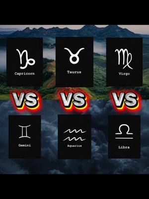 The cover image displays a battle of zodiac signs. There are six black rectangles, each containing a zodiac symbol and its name in white text. At the center of each vertical row, the text 'VS' is written in a white, red, and yellow outlined rectangle. The background shows a green, mountainous landscape under a cloudy sky.