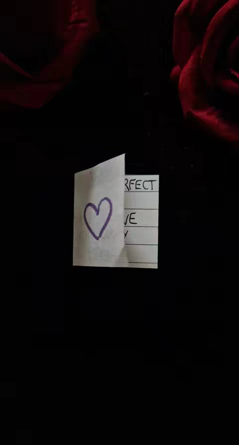 A photograph featuring a small, folded piece of paper against a black background. The paper, which appears to be white or cream-colored, has a heart drawn on its visible front in purple. The heart is centered on the paper. The top and at least a portion of the word "PERFECT" can be read. The paper is slightly offset to the upper-left with a partially visible folded edge. The backdrop's depth is created by the presence of a dark, solid black that dominates the picture. Hints of red flowers frame the top corners.