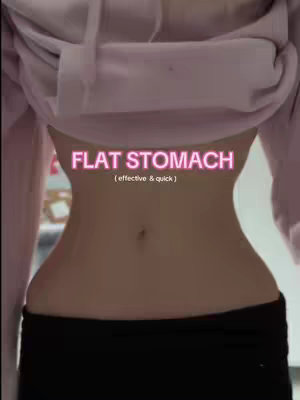 The cover image shows a mid-section of a person, likely female, with a clearly defined hourglass figure. The individual is wearing a light pink hoodie, slightly pulled up. The focus is on the torso, with a black bottom visible. Text overlay in pink, reads 'FLAT STOMACH' with 'effective & quick' underneath.
