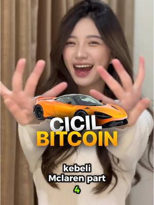 A young woman with long brown hair smiles widely, holding her hands out towards the viewer. In front of her is a stylized image of an orange sports car. Overlaid on the image are the words "CICIL BITCOIN" in large, yellow, 3D-styled text. Below the car is text that reads "kebeli McLaren part 4" in white text.