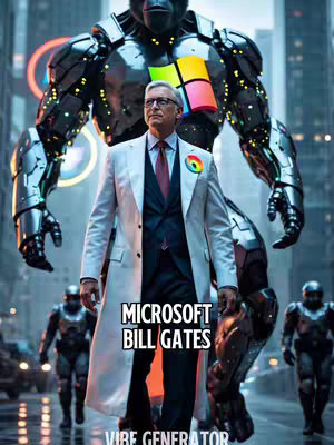 A futuristic composite image featuring Bill Gates in a suit standing in the foreground, set against a towering robotic figure with the Windows logo on its chest. Other robotic figures stand in the background, within a cityscape with vibrant neon lights.