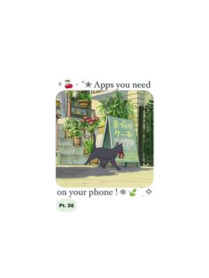 A cover image featuring a scene reminiscent of Studio Ghibli animations. A black cat, carrying something in its mouth, walks in front of a building with shops and greenery. Text overlays, including "Apps you need" and a part number, are positioned at the top and bottom. White backdrop.
