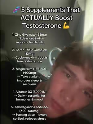 A selfie-style video cover image featuring a person with a list overlay of supplements. The person is looking at the camera. The overlay is a list of five supplements, each with brief details.