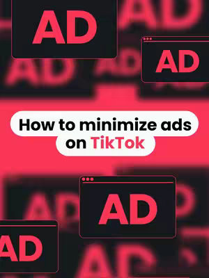 The cover image features a bright pink background with a repeating pattern of the word 'AD' in a sans-serif font. Overlaid on this are rectangular shapes, some containing the word 'AD' in red, while others are designed to resemble browser windows, each with the red 'AD' inside. At the center is a white oval that text in black saying, 'How to minimize ads on TikTok' with 'TikTok' the bolded in pink. The layout is clean, with a modern aesthetic.