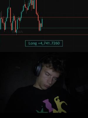 A cover photo shows a young man asleep with headphones on, the lower portion of the image.  Above him, there's a dark background and a live graph of a financial chart, with the text "Long +4,741.7260" in a rectangle.