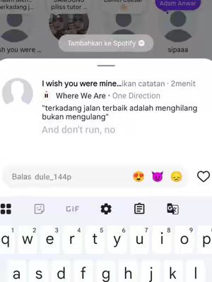 The image shows a phone screen with a chat bubble containing text and a keyboard obscuring the bottom half. Above the chat are profile icons and a Spotify button. The overall colors are light with a focus on text. The top of the image includes some of the profile pictures above a Spotify button.