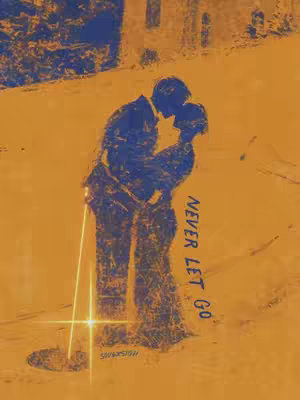 An abstract illustration depicting two silhouetted figures, a man and a woman, embracing in a romantic pose. They appear to be standing on a surface, possibly a snowy ground, against an orange background that suggests either a sunset or the glow of an environment like a building or a city. The words "NEVER LET GO" are vertically stacked to the right of the couple. The image uses a limited color palette of orange, blue, and white, creating a stark contrast. Light shines in front of the couple. The image evokes a sense of warmth, protection, and an intimate moment.