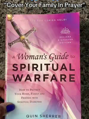 The cover image showcases a book titled "A Woman's Guide to Spiritual Warfare." The book cover features a sword, a crown, and text in large, bold fonts, set against a background of pink and purple hues.