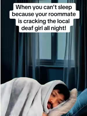 A man is lying in bed, mostly covered by a light gray blanket, with only his face visible above the sheets. The background shows a window with vertical blinds, suggesting the scene is indoors. Above the man's head, a text overlay in a white box states the video's context.