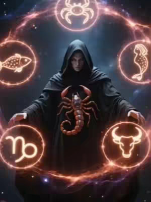 The image features a person in a dark hooded cloak with a scorpion symbol on the chest. The person is surrounded by glowing circular symbols representing zodiac signs. The background is dark with a cosmic or mystical theme.