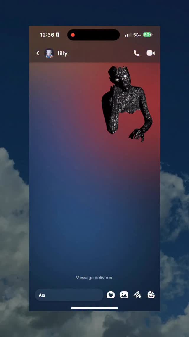 The cover image shows a phone screen displaying a chat interface with a surreal, avant-garde digital artwork of a figure composed of shimmering elements against a gradient background. The background shifts from red to blue, creating a dramatic contrast, while the phone interface suggests a modern communication context.
