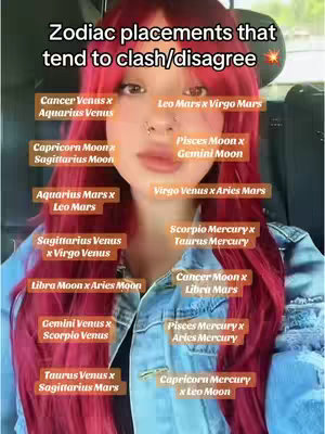 A medium shot features a woman with bright red hair, a denim jacket, and multiple zodiac placements overlaid on the image.