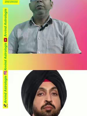 The cover image has a split composition. At the top, a light-skinned man in a collared, white and blue striped shirt is centered. Below, a portrait of Diljit Dosanjh, wearing a black turban and a red sash, is displayed against a blank white background. The background is a gradient of yellow at the bottom which fades into pink on top with the text description on the left.