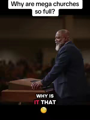 A man in a suit is standing at a podium in a large room. Text overlays on the image ask a question about mega churches and add a caption.