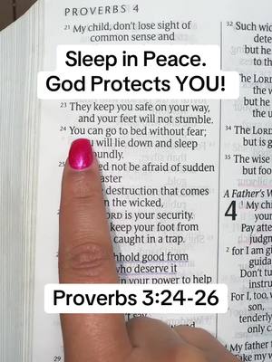 An open Bible page is in focus, featuring text from Proverbs 3:24-26. The text is highlighted with a white box. A woman's hand, with a dark pink nail polish, is pointing at the text.