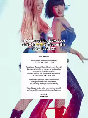 The cover image features two women, shown from the waist up, against a blurred, colorful background. The woman on the left has long, flowing pink hair. The woman on the right has short, dark hair. The image is overlaid with text that reads "not them getting kicked out of KCON 😂 the downfall is actually WILDD". A letter is shown at the bottom with the text: Dear KCONers, Thank you for your continued interest..."