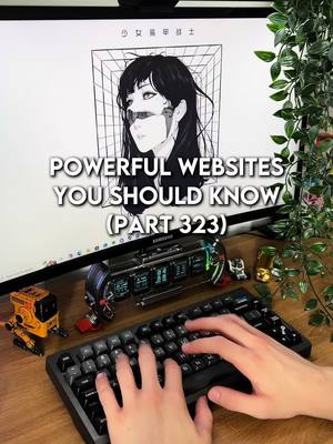 The cover image shows a computer monitor displaying a black and white illustration of a person's face with a grid background. The text overlay reads "POWERFUL WEBSITES YOU SHOULD KNOW (PART 323)". Below the monitor, the hands of a person are typing on a black keyboard. The background features some decorative objects and plants.