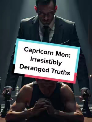 The cover image features two men in what appears to be a chess-like scene. A man in a suit stands over another man who kneels with his hands clasped. text overlayed in a rectangular box reads: "Capricorn Men: Irresistibly Deranged Truths,"
