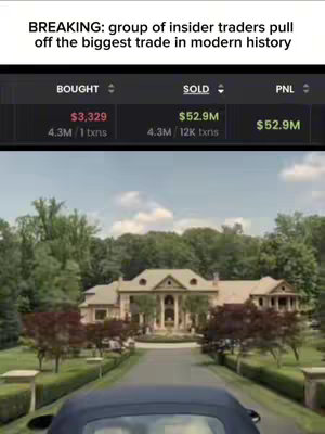 The cover image features an in-screen display showing financial data with the details of a transaction involving buying for $3,329 and selling for $52.9M. The display is overlaid on a shot of a mansion with a long driveway, showing luxury. The composition includes an upward shot from a car, presumably the driver's point of view, enhancing the narrative.