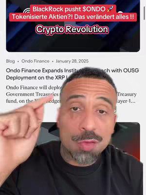 A man with tattoos and a serious expression points upward while a document overlay features crypto-related text. The overlay is set against what appears to be a blog post with a date.