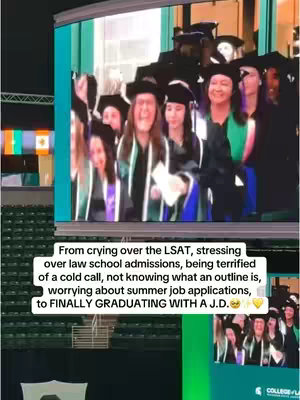 A video screen displays multiple graduates in caps and gowns, celebrating at their graduation. Below, a caption describes the journey from LSAT stress to finally graduating with a J.D.