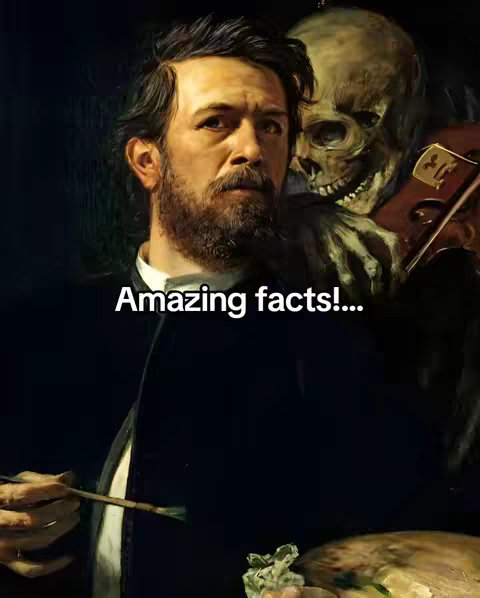 The image is a classical painting-style illustration featuring a man holding a paintbrush and palette in a dark, shadowy setting. A skeletal figure looms behind him, appearing to play a violin. The text overlay, 'Amazing facts!...' is placed in the foreground.