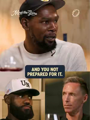 The image is a vertical composition featuring three distinct segments. At the top, a close-up shot of Kevin Durant, wearing a black cap is seen. Below his image are two more portraits: LeBron James in a white cap, juxtaposed with a man in a black shirt. These three segments are presented in a seemingly random arrangement.