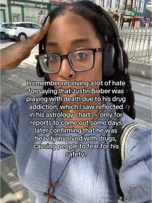 A selfie-style shot shows a woman with dark hair, glasses, and headphones. She is wearing earrings and a necklace with a cross pendant, and is seemingly outdoors. The background is slightly blurred, and the image is lit by natural light. Text overlay on the image provides context.