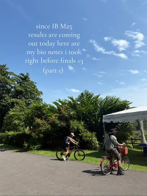 Two people riding bicycles on a paved path through a park-like setting. Lush trees and greenery line the path under a bright blue sky with scattered clouds. Text overlays the sky, and one rider has the appearance of a person wearing a backpack. A white tent-like structure is located in the background.