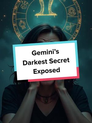 A person is holding a rectangular sign in front of their face, the sign displaying the text 'Gemini's Darkest Secret Exposed'. The background has a gradient of teal with a gold zodiac wheel and constellation details.