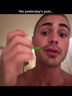 A close-up shot of a man with short hair looking directly at the camera with a slightly concerned expression. The words 'His yesterday's post...' are at the top of the frame, and a green text overlay 'vape' is positioned below his face.