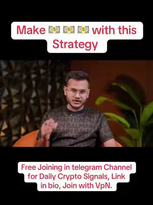 A man in a black shirt with a logo is sitting on a brown surface. Above him is a white rectangular box with the words "Make $$$ with this Strategy". Under him is text saying, "Free Joining in Telegram Channel for Daily Crypto Signals, Link in bio, Join with VpN."