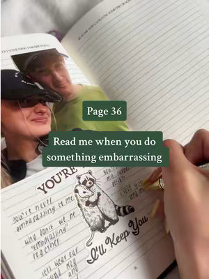 A close-up shot of a journal opened to page 36, with a photo of a couple in the background. Text overlays frame the image, with the user's hand holding a pen, ready to write in the journal. The composition is soft and intimate, evoking a sense of personal care and sentimentality.