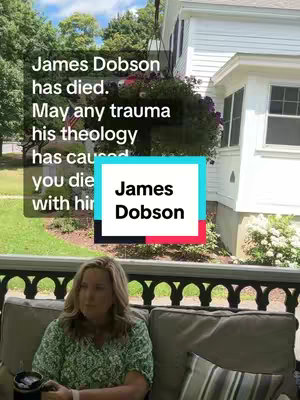 A woman sits on a porch swing, appearing to be holding a mug, with text overlayed above her and a house in the background. The text is within a framed box. The background includes a white house and greenery.