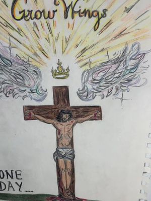 A hand-drawn image depicting the crucifixion of Jesus. Jesus is on a wooden cross, with rays of light emanating from above and angel wings on either side. Above the cross is a crown. The image is colored