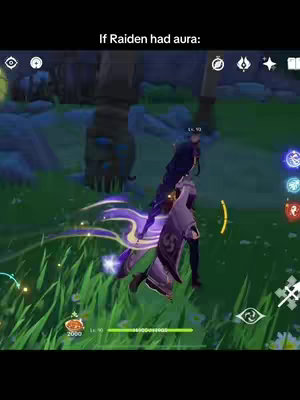 The cover image shows a scene from the game Genshin Impact. The main focus is on the character Raiden Shogun, who is depicted with glowing purple aura effects. The environment is a forest setting with green ground and tall trees. The image has a dark background with the in-game user interface elements at the corners, and the overlay text "If Raiden had aura:" at the top.