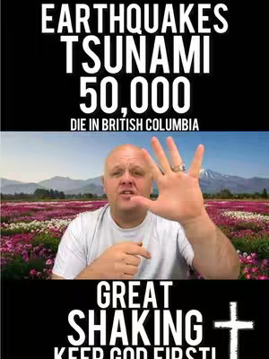 The cover image is composed of a split design. The top half is a dark background with white text announcing "EARTHQUAKES, TSUNAMI, 50,000, DIE IN BRITISH COLUMBIA". The bottom half features a man with a bald head, holding his hand up with five fingers extended in front of a picturesque scene of purple flowers, green trees, and mountains under a blue sky. Beneath the man, on a black background, is the text "GREAT SHAKING" and a white cross, with the phrase "KEEP GOD FIRST" at the bottom.