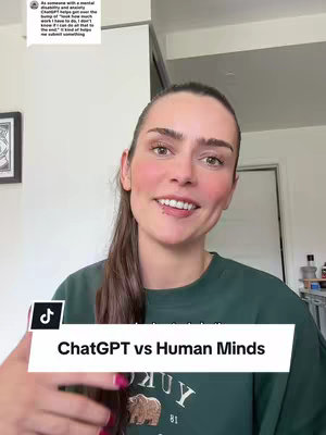 A woman with a smile in a green shirt, the background is out of focus, in the background is some piece of furniture or a wall and a small image. There is a white bar at the bottom with black text saying "ChatGPT vs Human Minds".