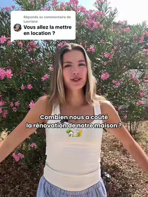 A young woman stands outdoors with flowering bushes behind her. Text overlays include a question bubble and the text overlay.