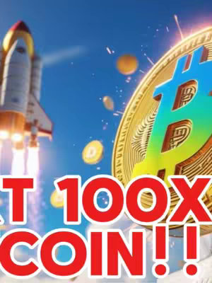 A vibrant graphic with a stylized Bitcoin symbol set against a dynamic background. A rocket-like space shuttle is launching into a bright blue sky with some floating coins. The image is overlaid with bold, red text reading "GET 100X COIN!!". This design creates a sense of excitement and potential growth.