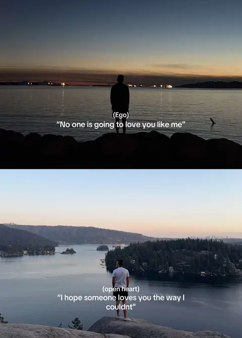 The cover image shows two scenes stacked vertically. The top scene depicts a silhouetted figure standing on a rocky outcrop, facing a body of water under a dusky sky. Text overlayed says "(Ego) \"No one is going to love you like me\". Below, a wider shot reveals the same figure from the back, again on a rock overlooking a body of water and a lush, green landscape. The text describes the shift from ego to open heart. 