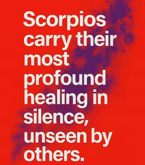 The cover image is a square layout featuring text against a solid red background. The text, in a bold, white font, conveys a message about Scorpios. A blurred, purple-grey abstract shape is positioned in the lower center and along the right border, adding visual texture.