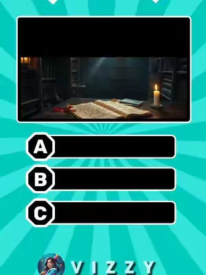 The image shows an animated quiz format, with a dark, old library scene in the top portion, featuring an open book on a wooden table with a lit candle. Beneath the scene are three answer options labeled A, B, and C, and more info in a user profile.
