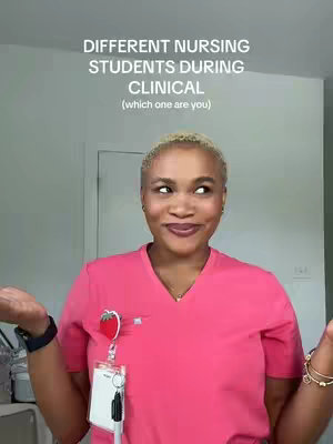 A woman with blonde hair and a pink scrub top poses with her arms outstretched, wearing a lanyard, and a small amount of jewelry. Text appears above her head.