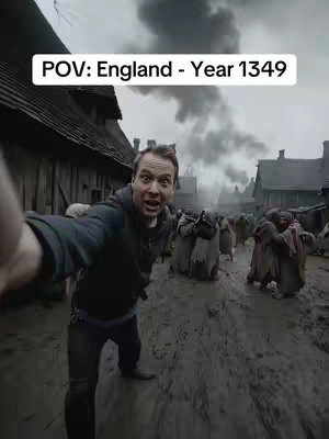 A man in modern-day clothing holds a camera for a selfie, appearing shocked with his mouth open, as he stands on a muddy street in a medieval town setting. The background is a blur of buildings and people in period clothing. Smoke or fog creates a hazy atmosphere. The text overlay reads POV: England - Year 1349.