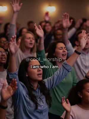A group of people in a worship setting, raising their hands in praise. The image is well-lit, with a focus on the expressions of those involved. Text overlays appear at the bottom indicating a handle and a quote.