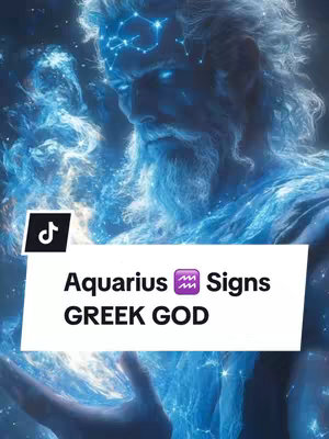The cover image is a vibrant digital artwork. It features a stylized depiction of a Greek-inspired figure, rendered in shades of blue and white. The figure appears to be a deity or mythical being, with a long white beard and flowing hair, and the body seeming to be made of blue energy. Above the head, a constellation-like pattern glows. Overlayed at the bottom is a white rectangular box with the text "Aquarius Signs GREEK GOD", written in an elegant font. A faint TikTok logo can be found within the white box.